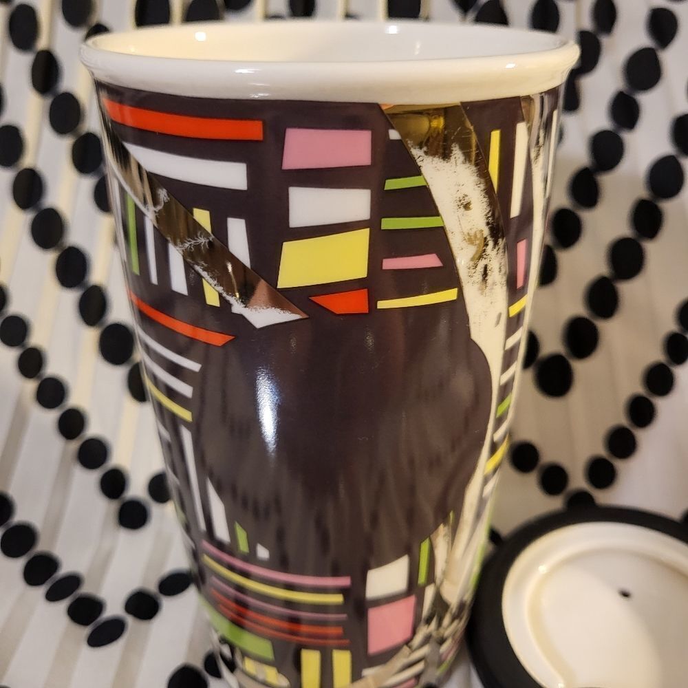 Starbucks 2014 Double Wall Porcelain Art Deco Gold Travel Mug - 12 Oz. - Picture 5 of 5
